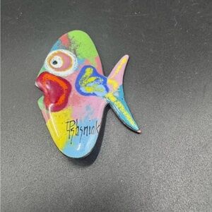 Colorful Vintage Enamel on Metal FISH Figural PIN/Brooch~Signed 2.5”